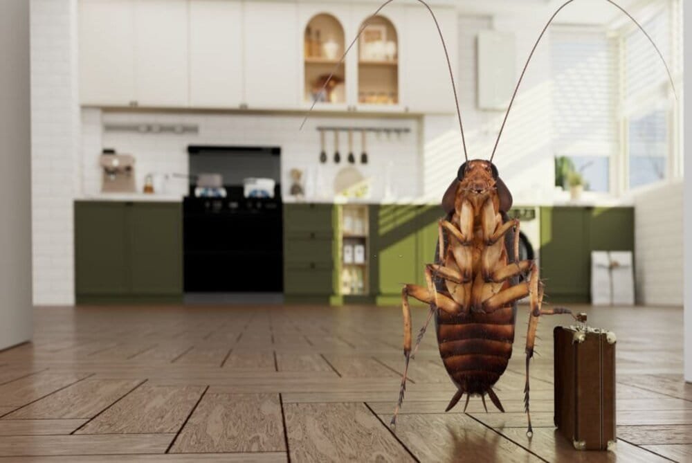 Cockroach moving out of the kitchen with a suitcase